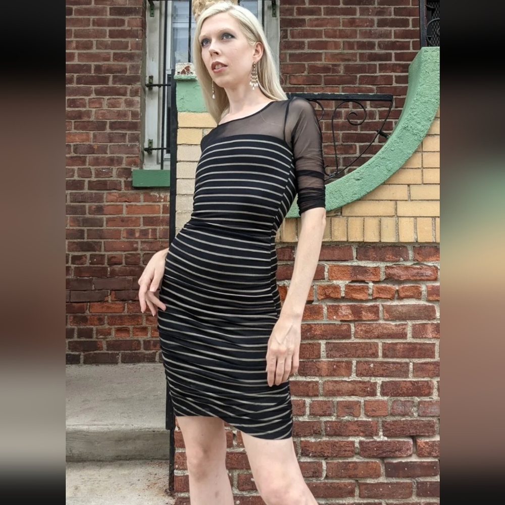 Jack by BB Dakota Bodycon Dress XS Black Beige Striped Mesh Stretchy Fitted